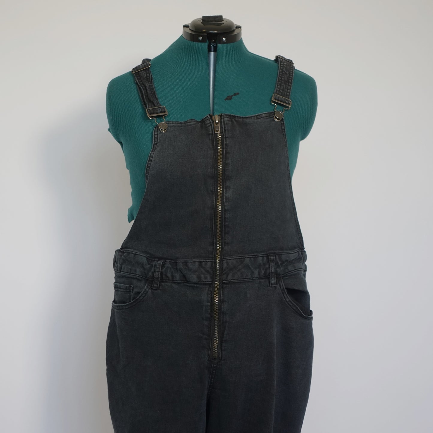 Faded Black Zip Front Denim Overalls