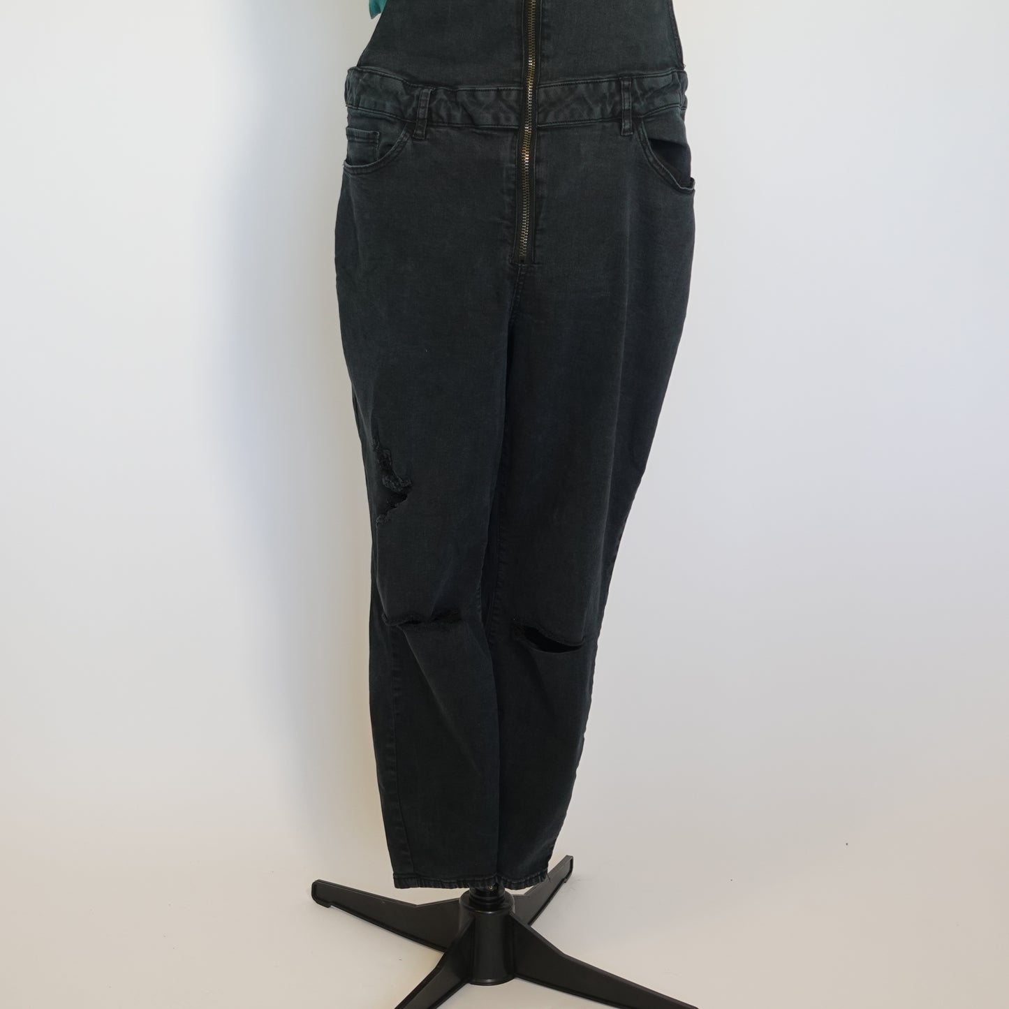 Faded Black Zip Front Denim Overalls