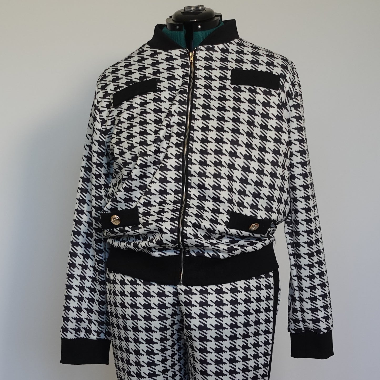 Black and White Houndstooth Two Piece Track Suit