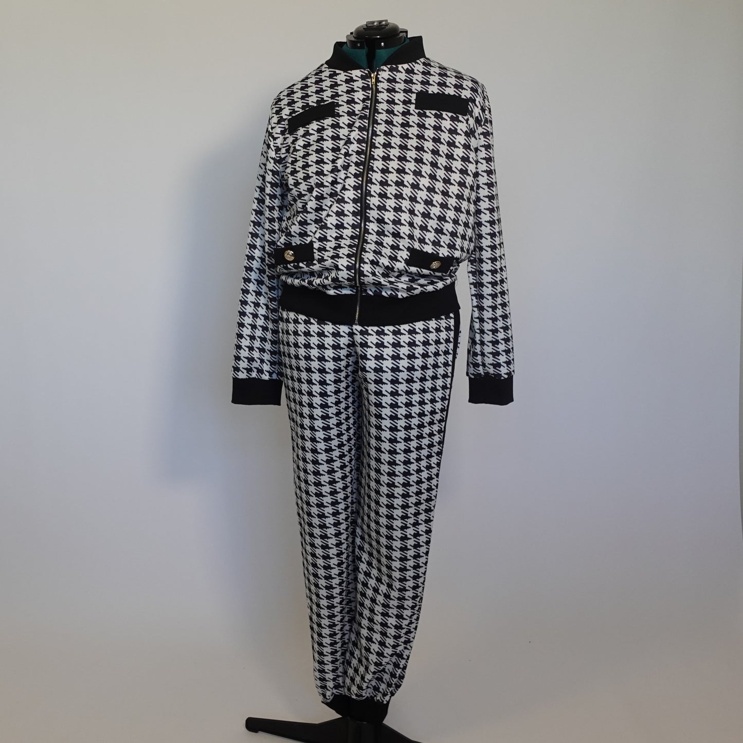 Black and White Houndstooth Two Piece Track Suit