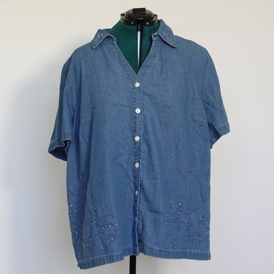 Vintage Butterfly Embroidery Button Up Chambray Top