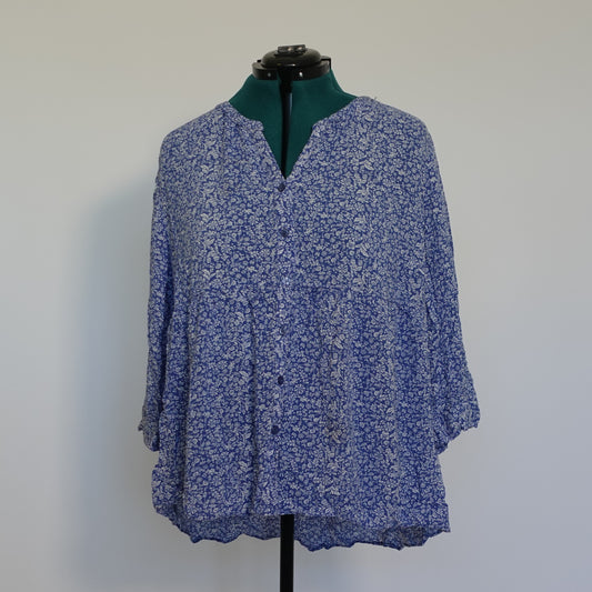 Blue and White Floral Button Front Blouse