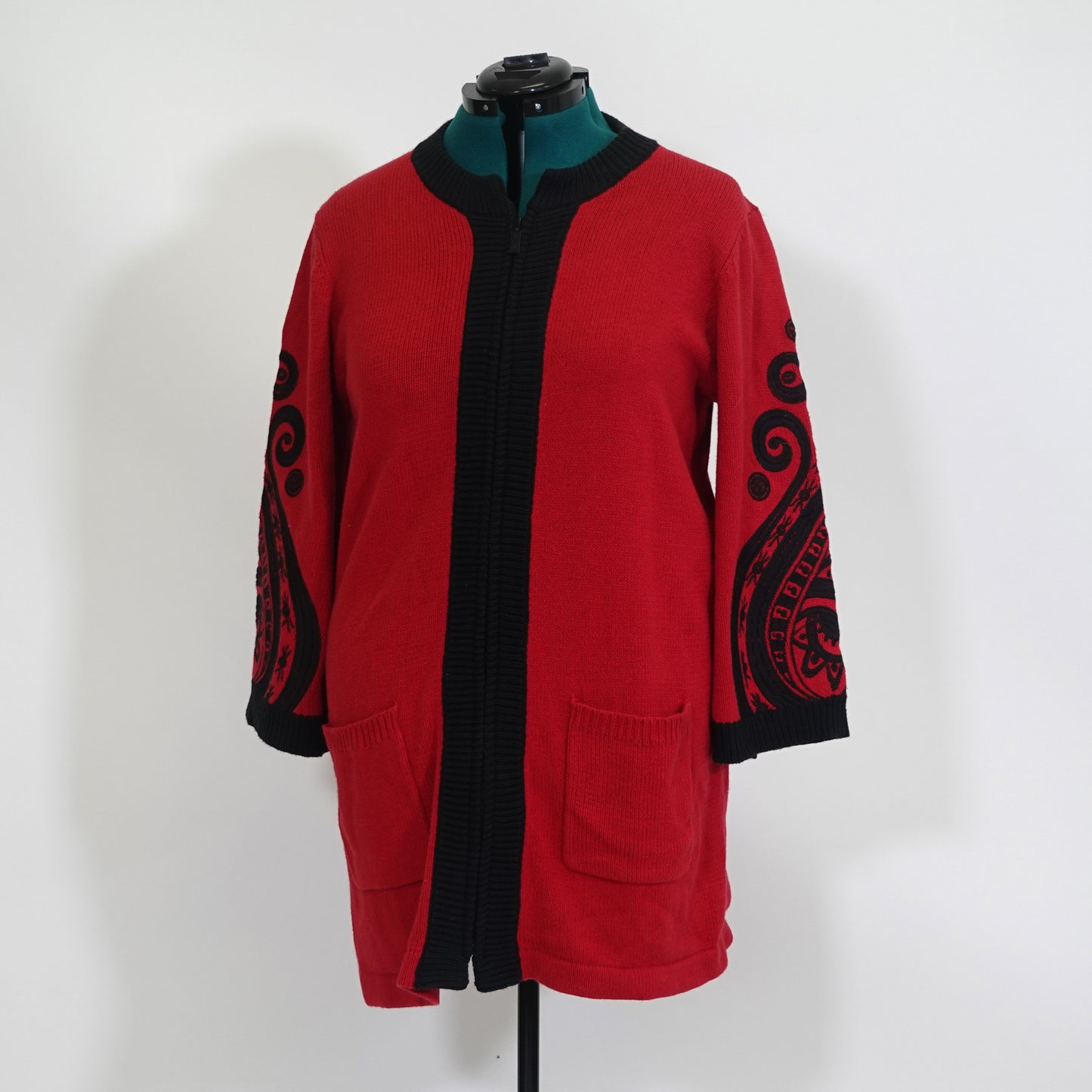 Bob Mackie Red and Black Zip Up Sweater