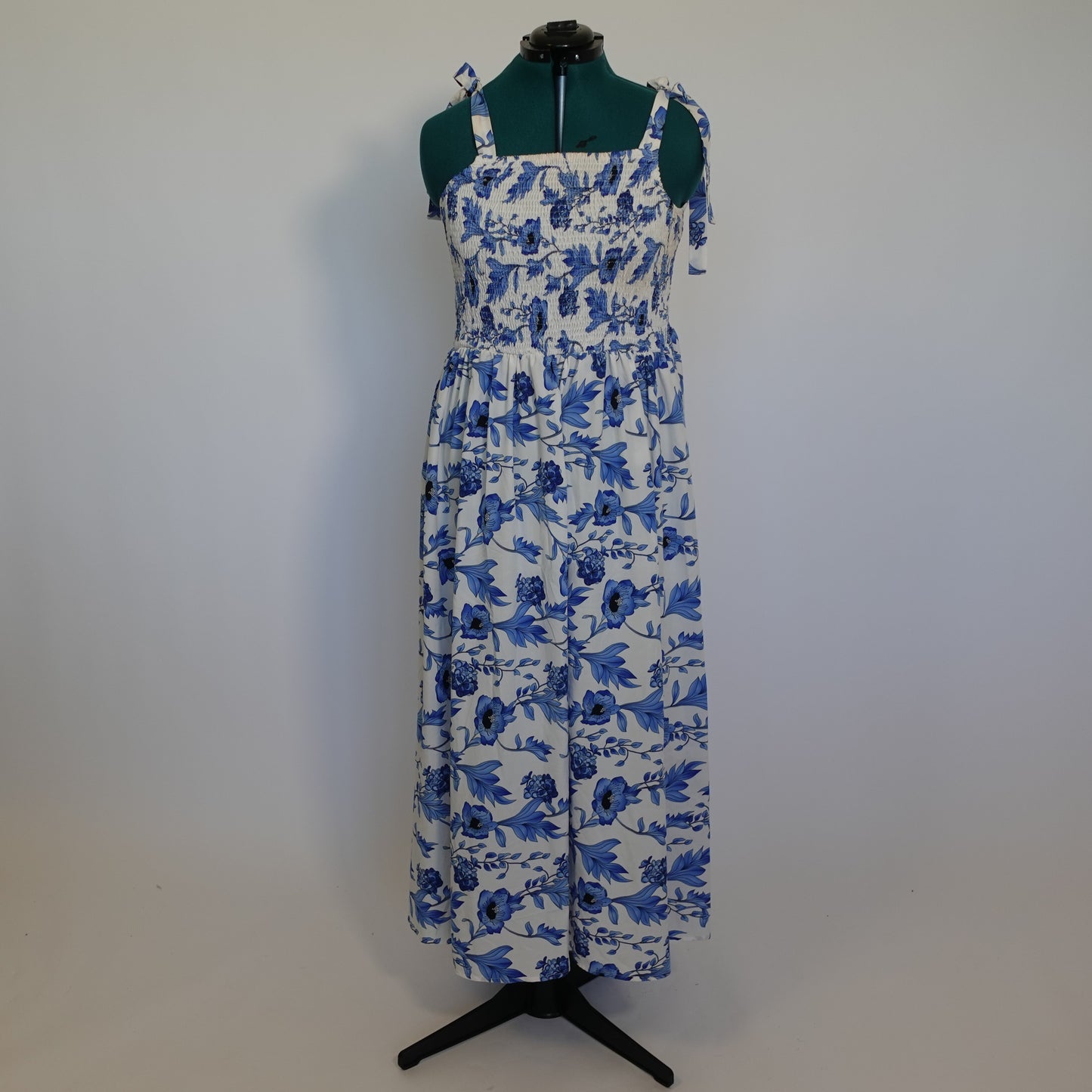 White and Blue Floral Tie Shoulder Maxi Dress