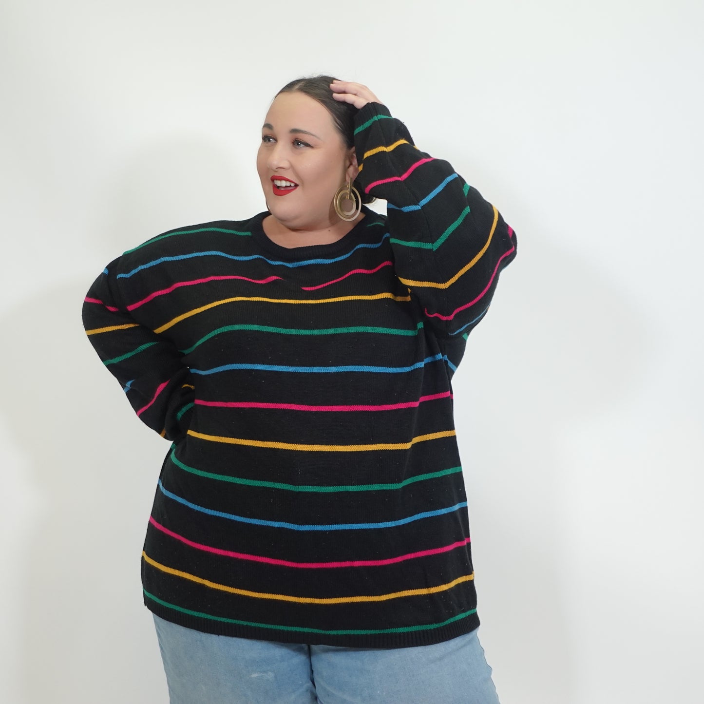 Vintage Black Sweater with Rainbow Stripes