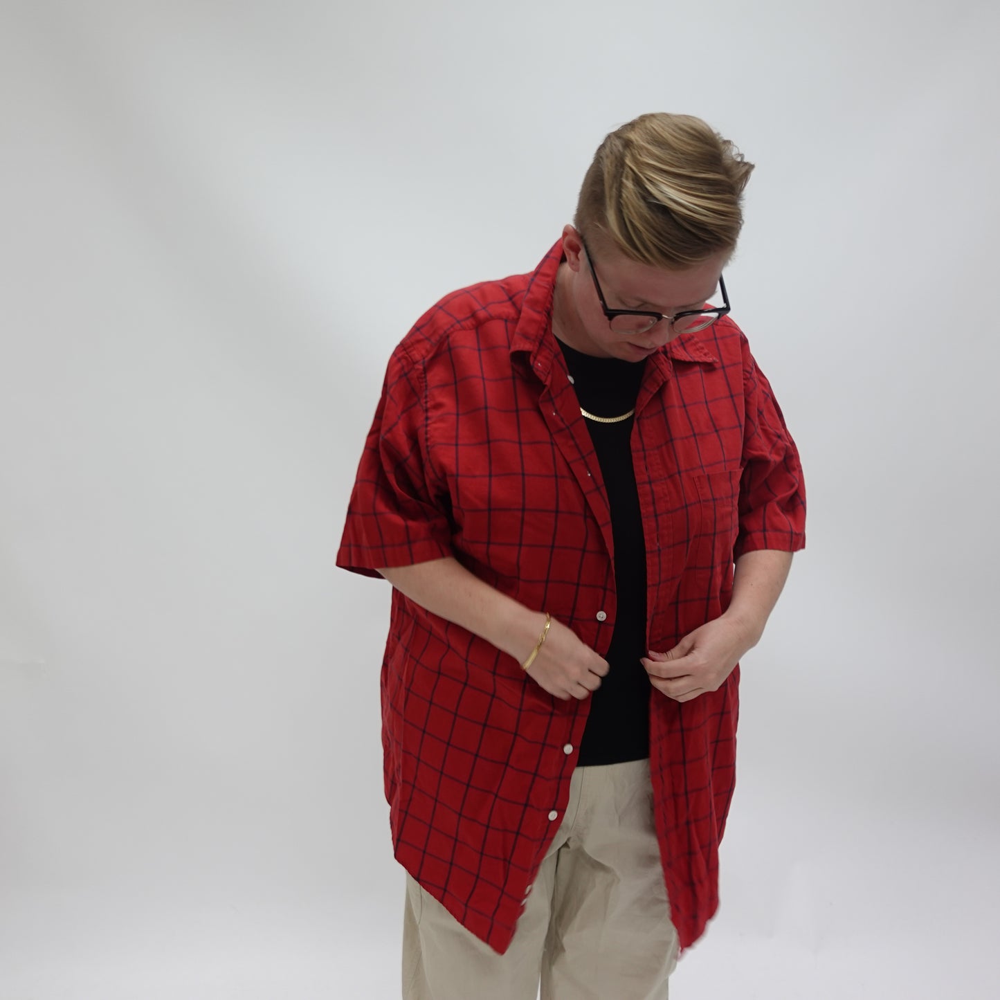 Red and Black Plaid Short Sleeve Button Up