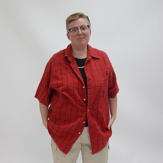 Red and Black Plaid Short Sleeve Button Up