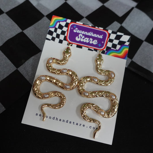 Gold and Pearl Snake Earrings