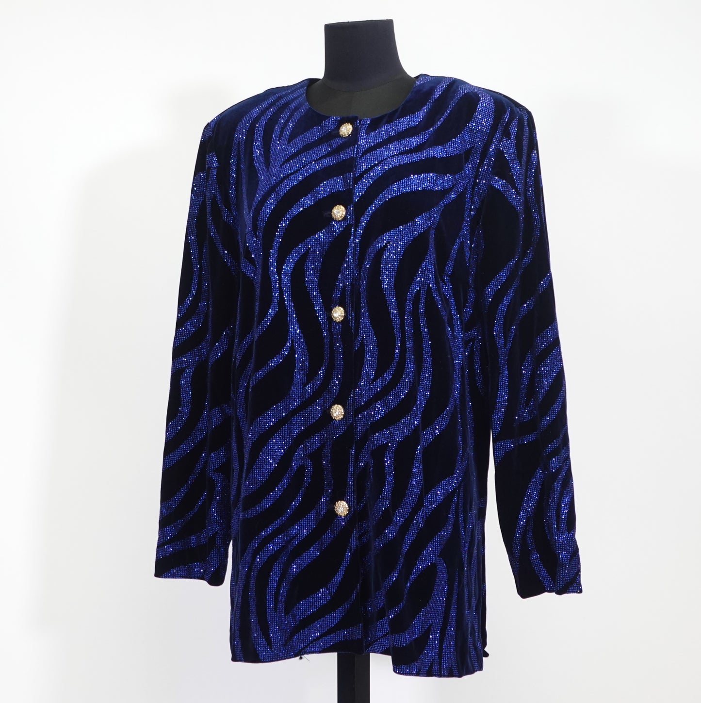 Vintage Midnight Blue Velvet and Glitter Button Front Top
