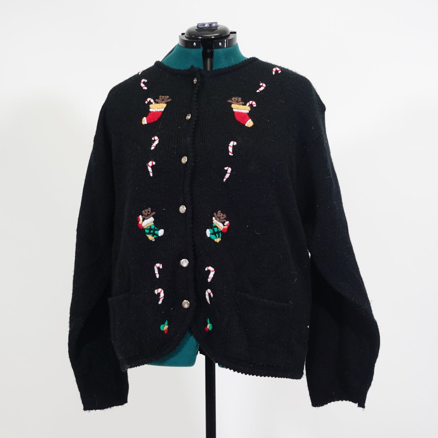 Vintage Black Cardigan with Embroidered Christmas Design