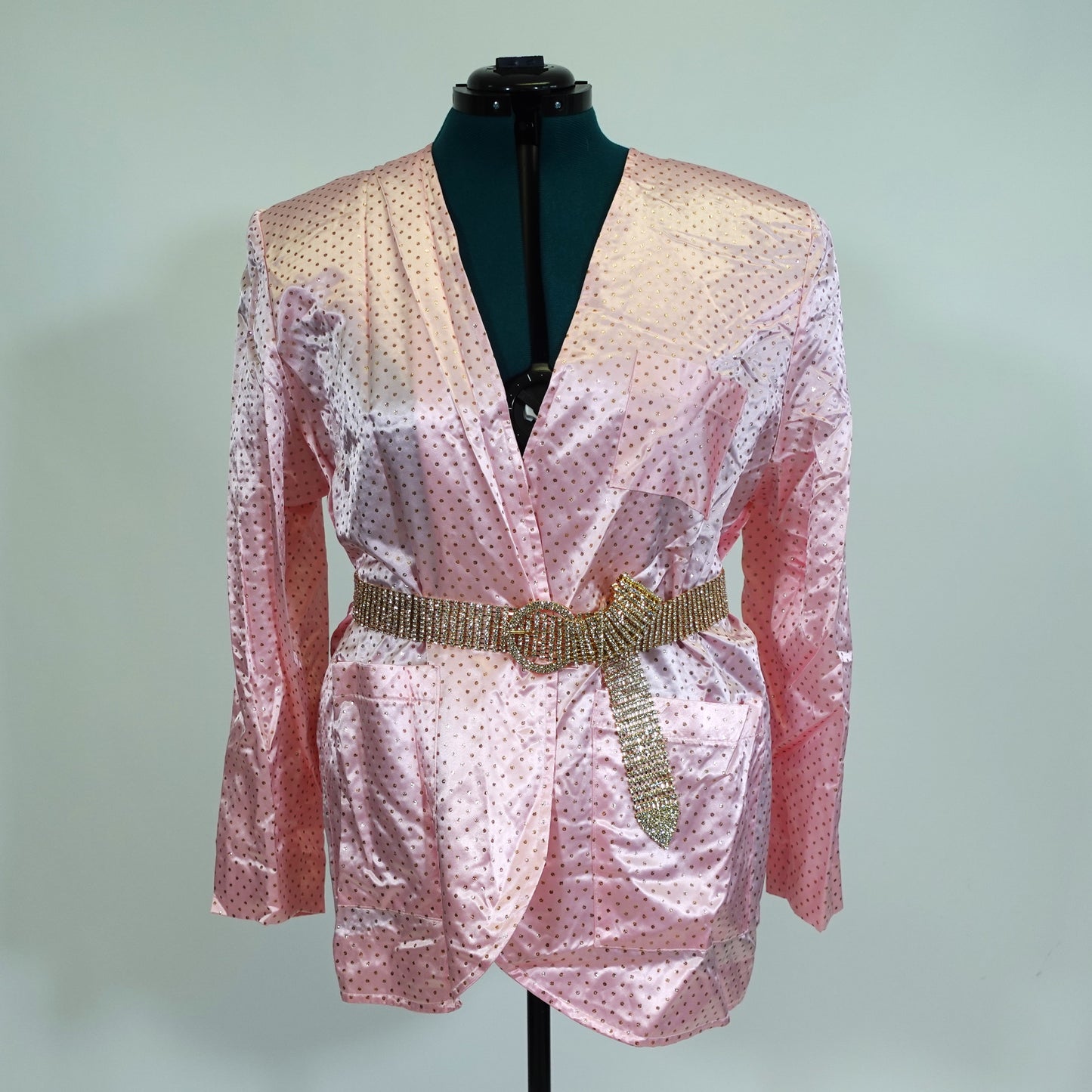 Vintage Pink Satin Blazer with Gold Glitter Dots (Belt Not Included)