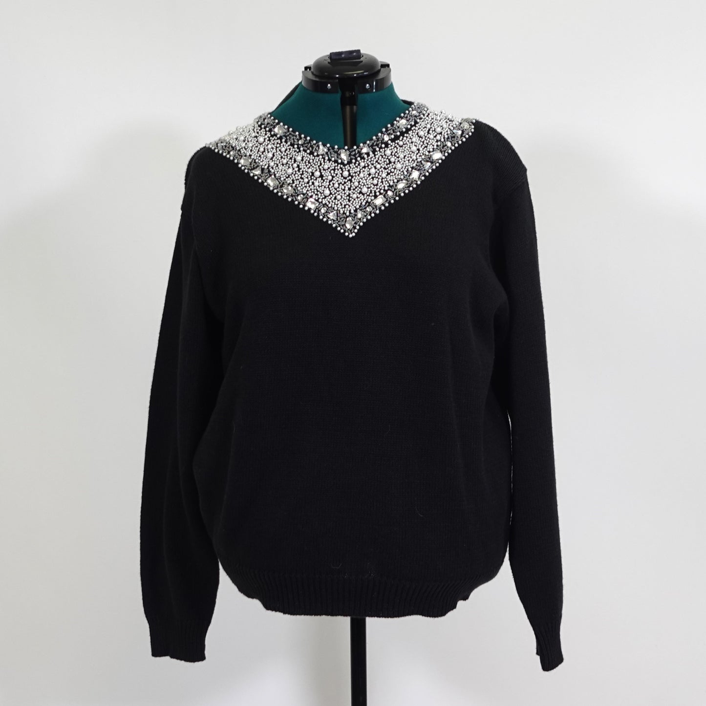 Vintage Black Sweater with Rhinestone and Pearl Details