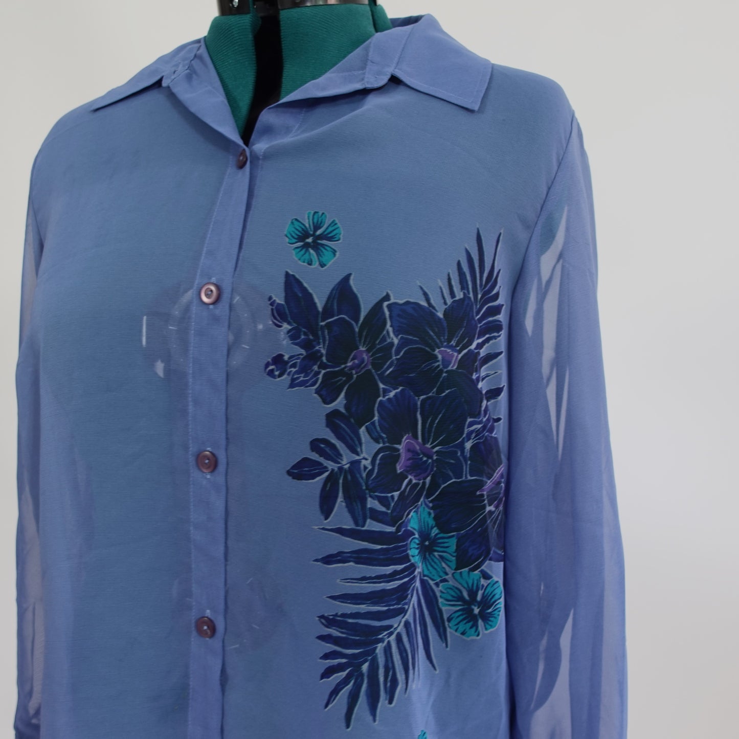 Vintage Sheer Blue Floral Button Up