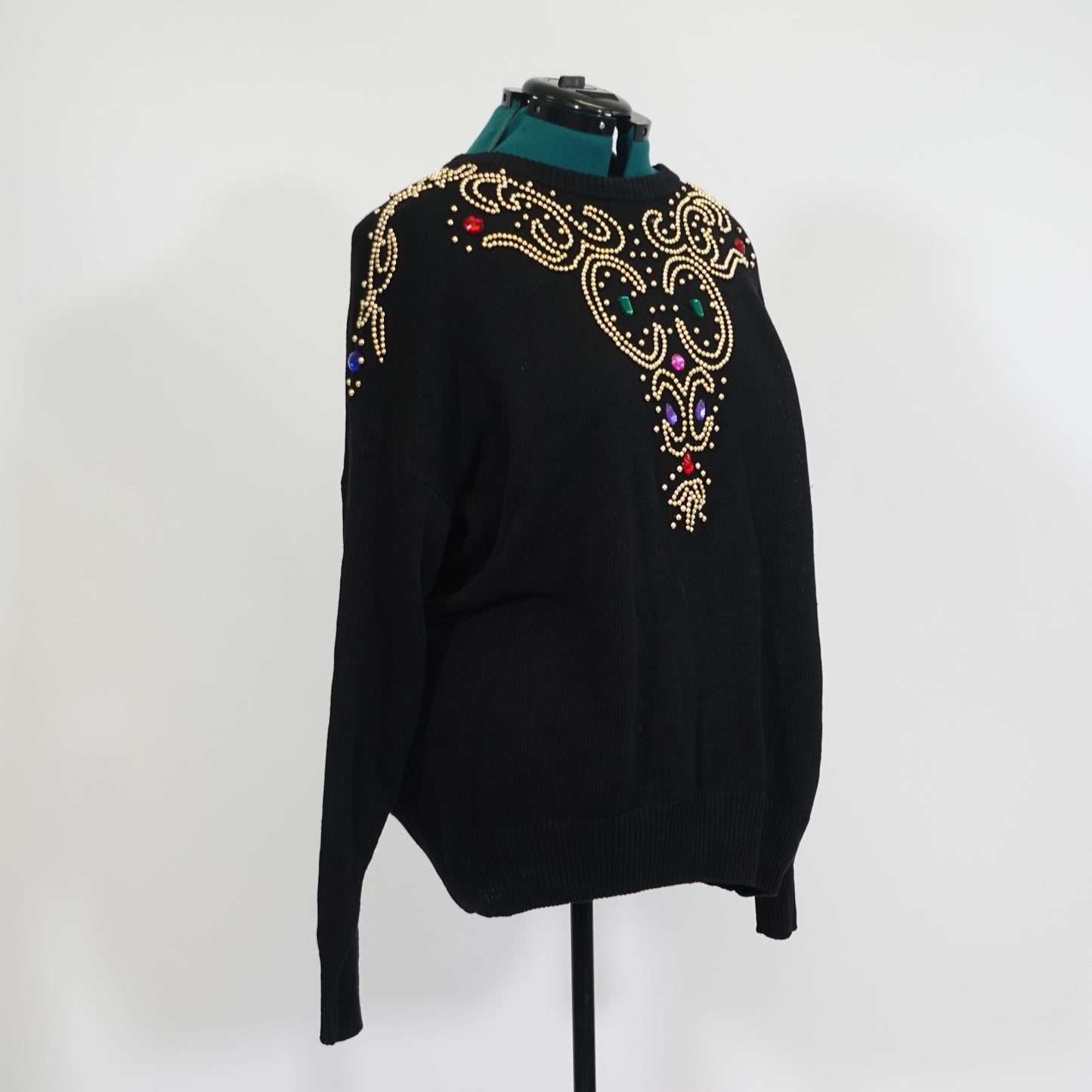 Vintage Black Sweater Rhinestone Beaded Neck