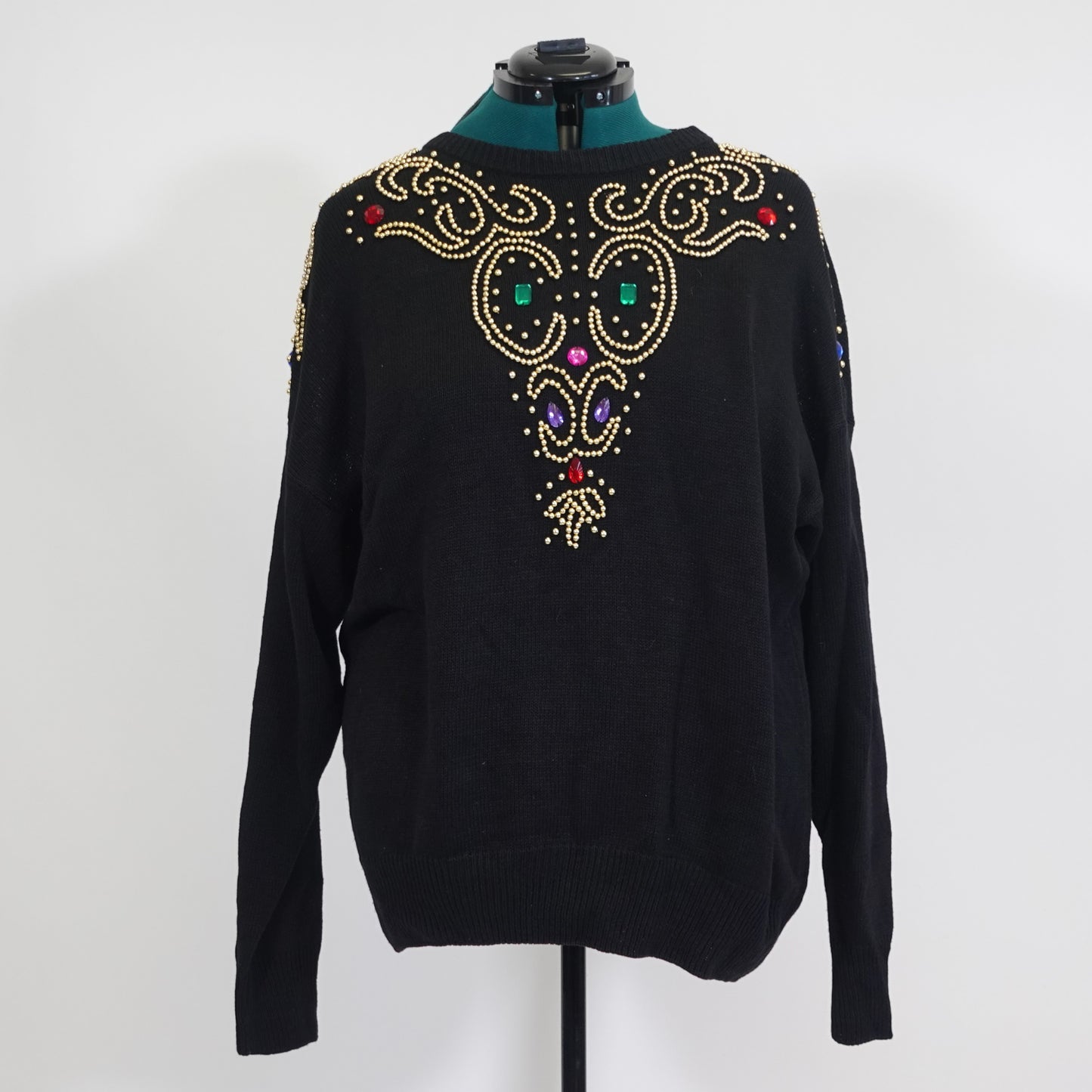 Vintage Black Sweater Rhinestone Beaded Neck