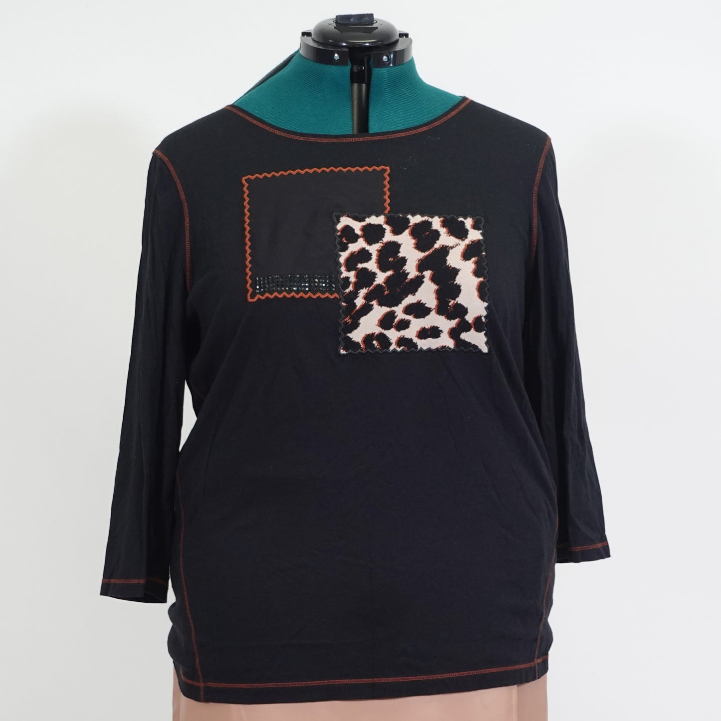 Black Cheetah Print Patchwork 3/4 Sleeve Top