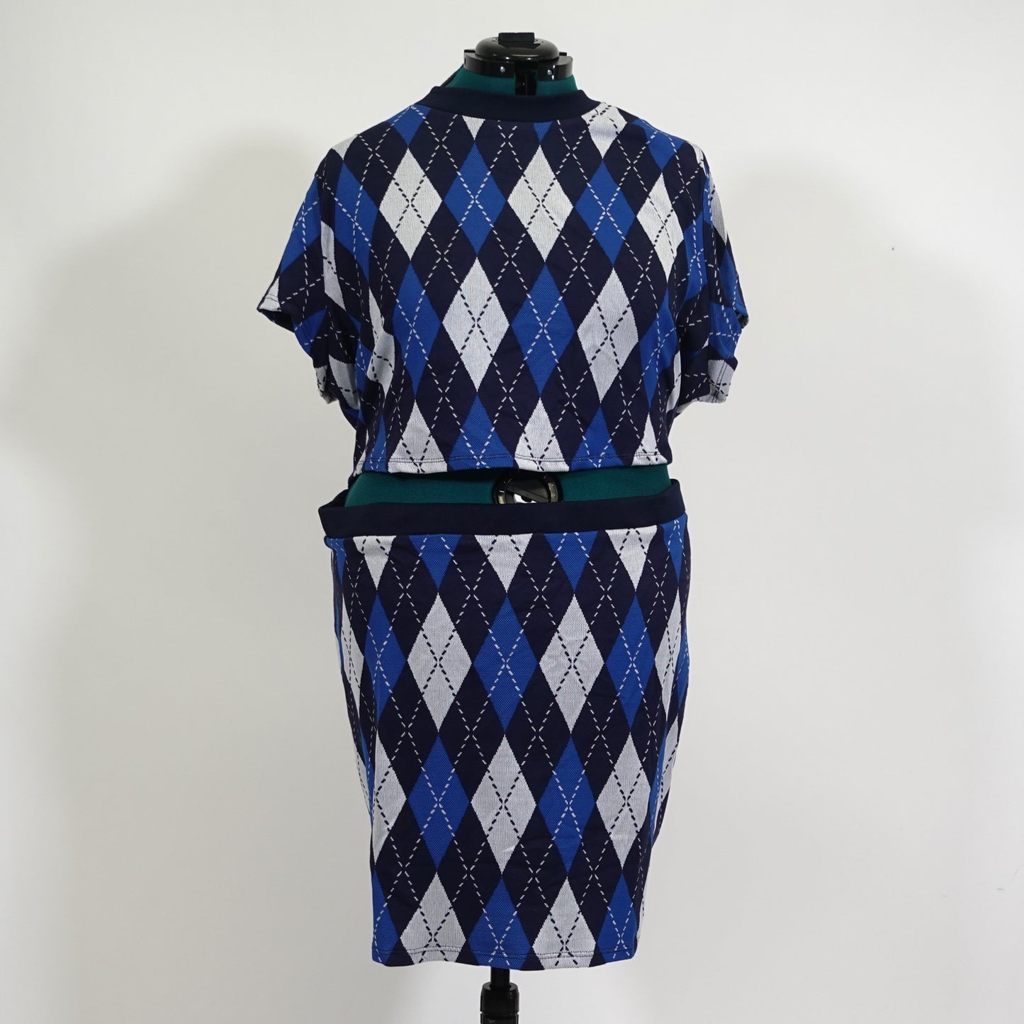 Blue Argyle Print Knit Cut-Out Dress