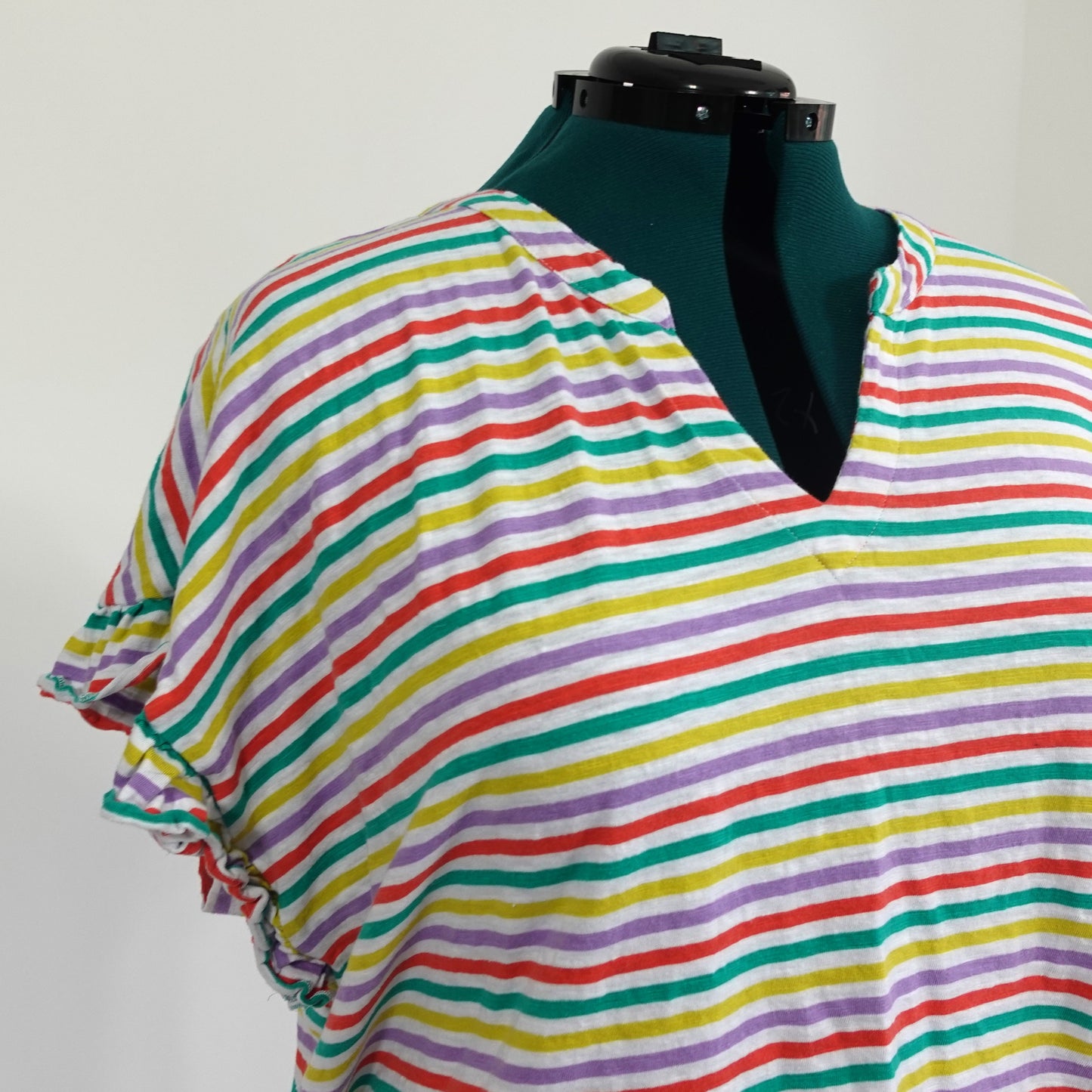 White Notched Neck Tee with Multicolored Stripes