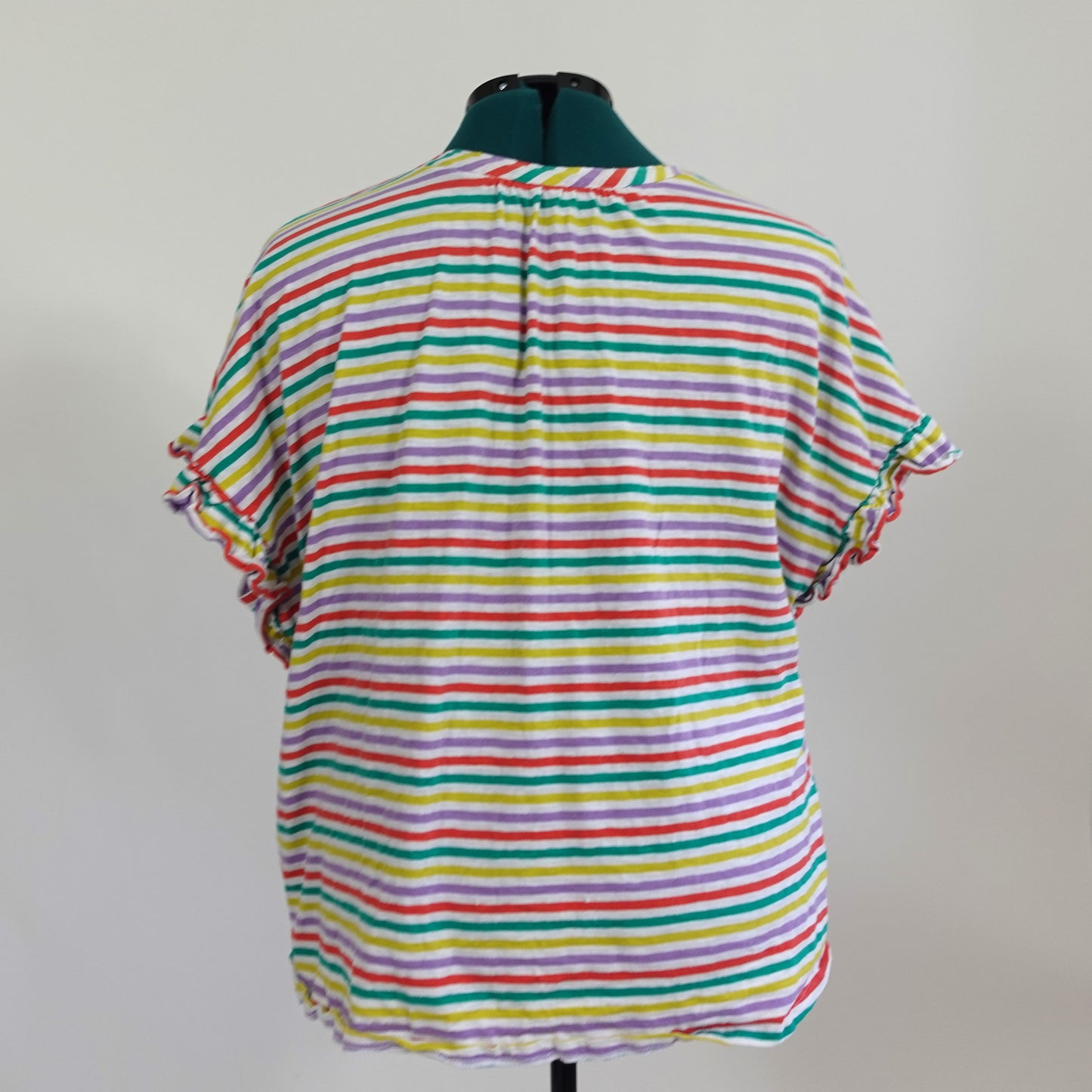 White Notched Neck Tee with Multicolored Stripes