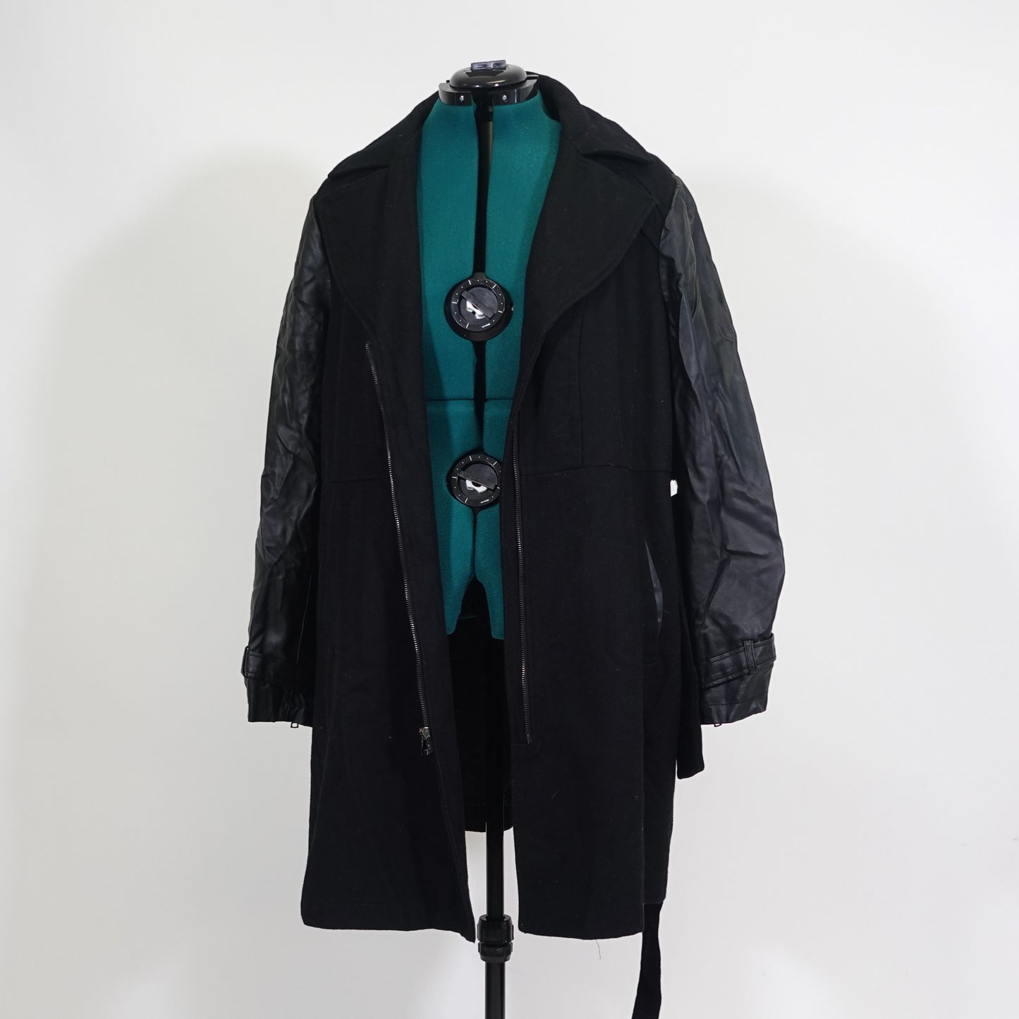 Black Zip Up Trench Coat with Faux Leather Sleeves