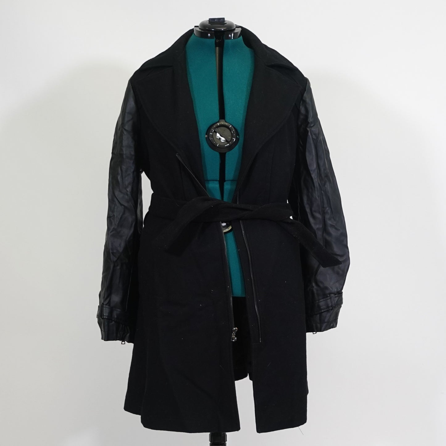 Black Zip Up Trench Coat with Faux Leather Sleeves