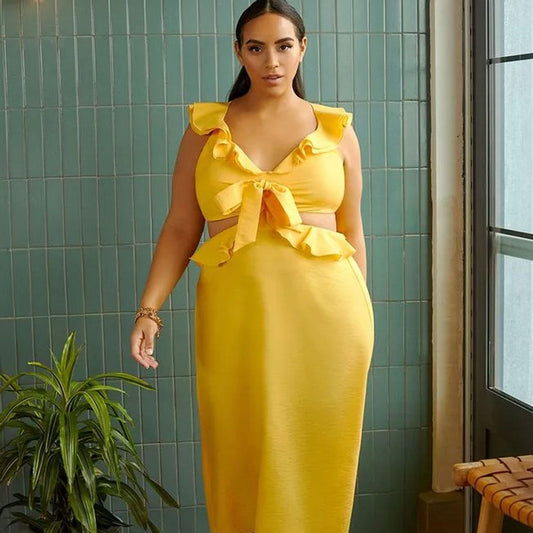 ELOQUII Yellow Open-Back Midi Dress