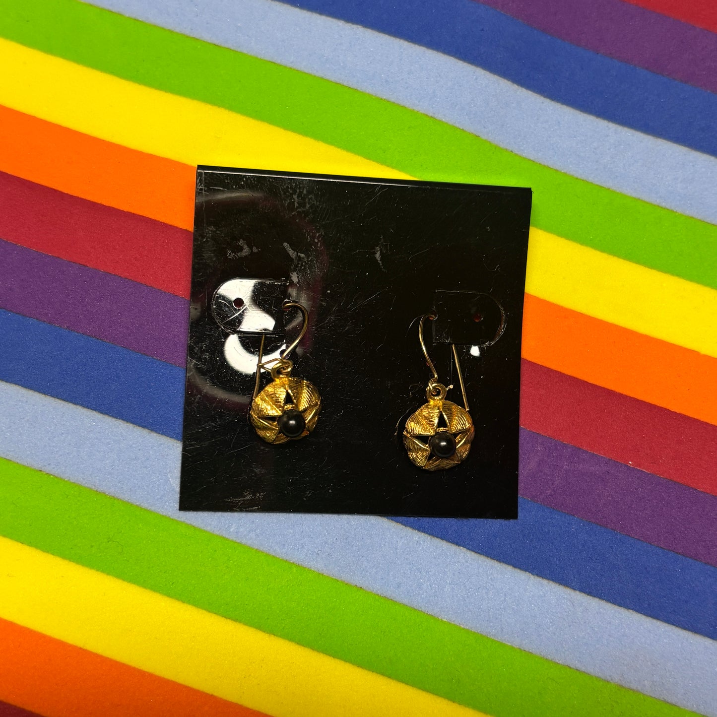Vintage Gold Circle Drop Earrings with Black Star Detail