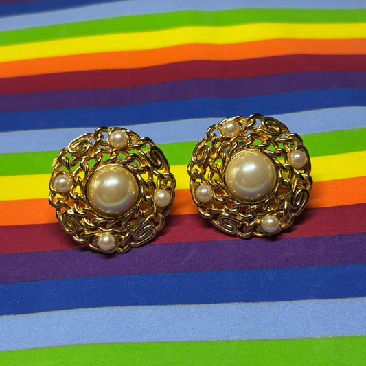 Vintage Gold Tone Chain Clip On Earrings with Faux Pearl Cabochons