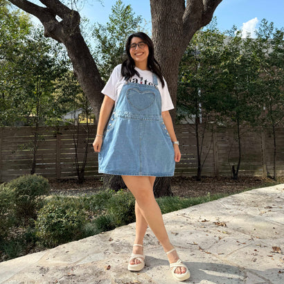 Shiny by Nature Light Wash Denim Overall Dress with Heart Pocket
