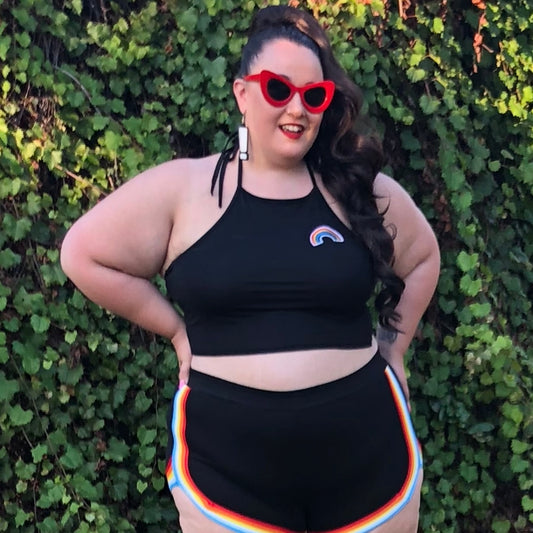 Black Halter Top with Embroidered Rainbow Patch