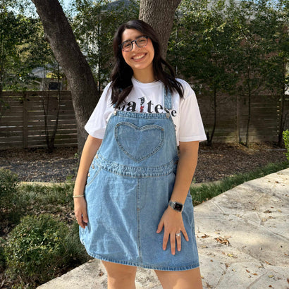 Shiny by Nature Light Wash Denim Overall Dress with Heart Pocket