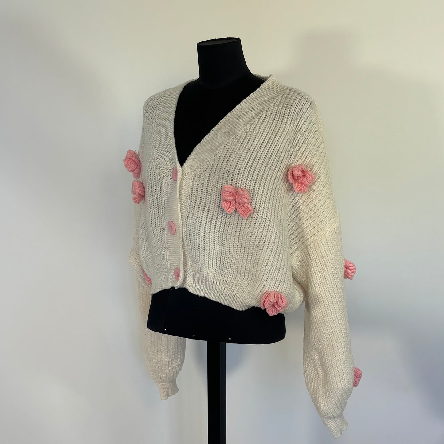 White Cropped Cardigan with Pink Bows