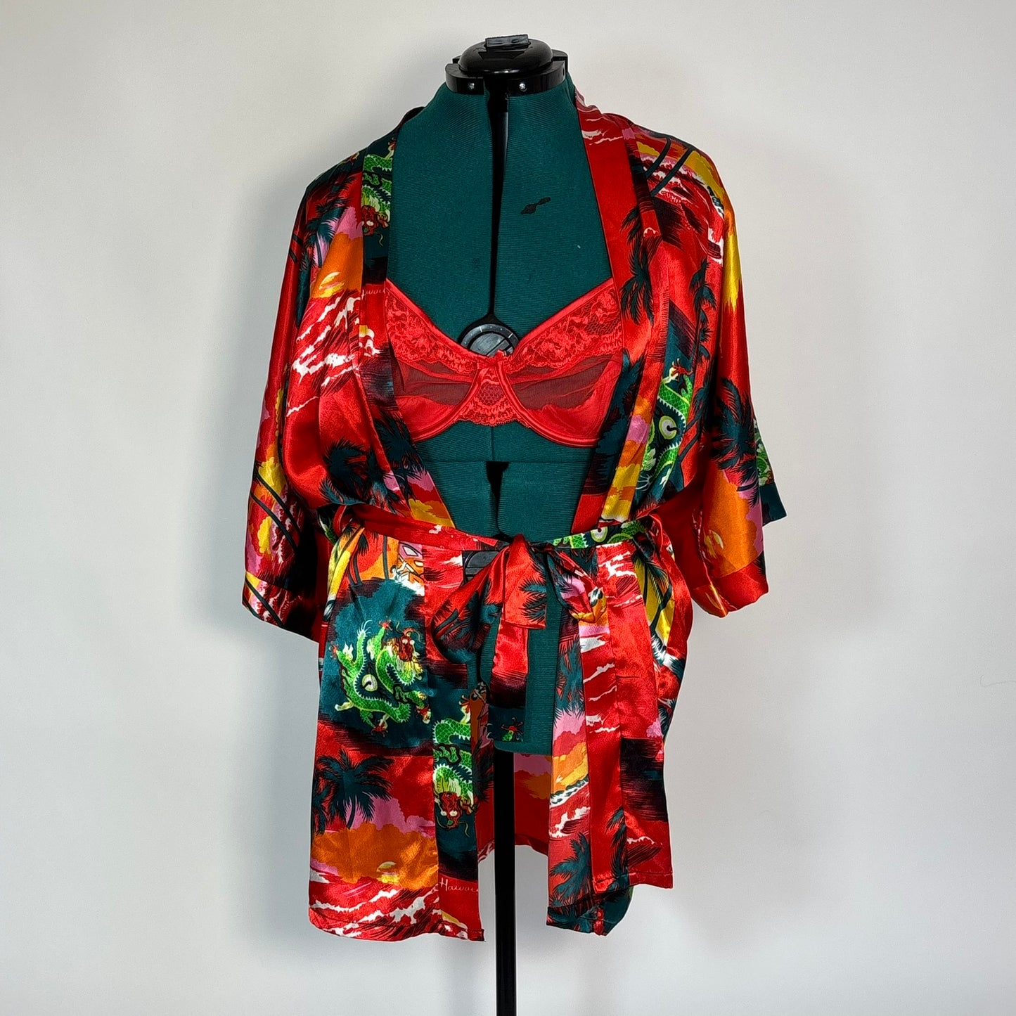 Red Tropical Japanese Print Satin Robe