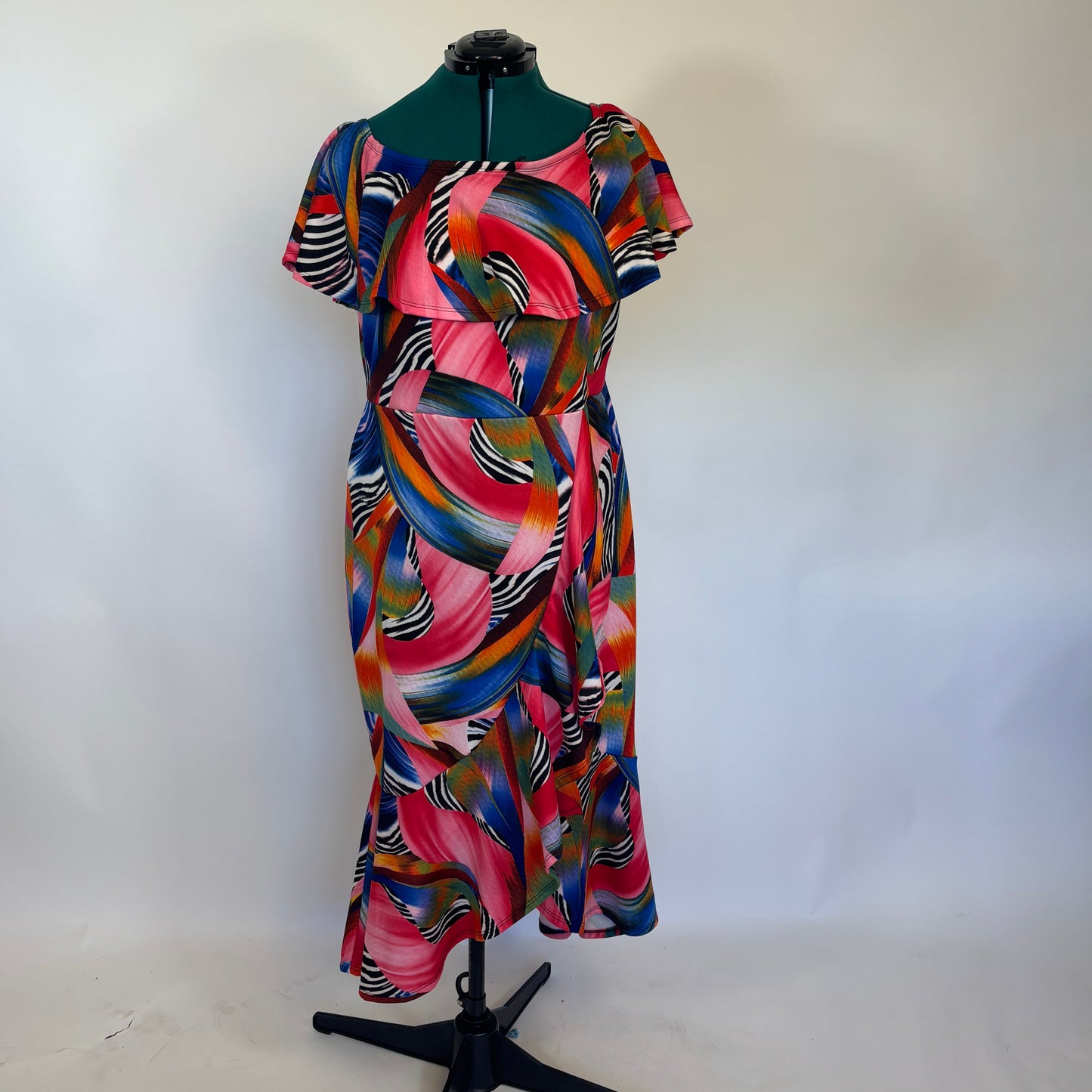 Rainbow and Black and White Abstract Pattern Off the Shoulder Dress