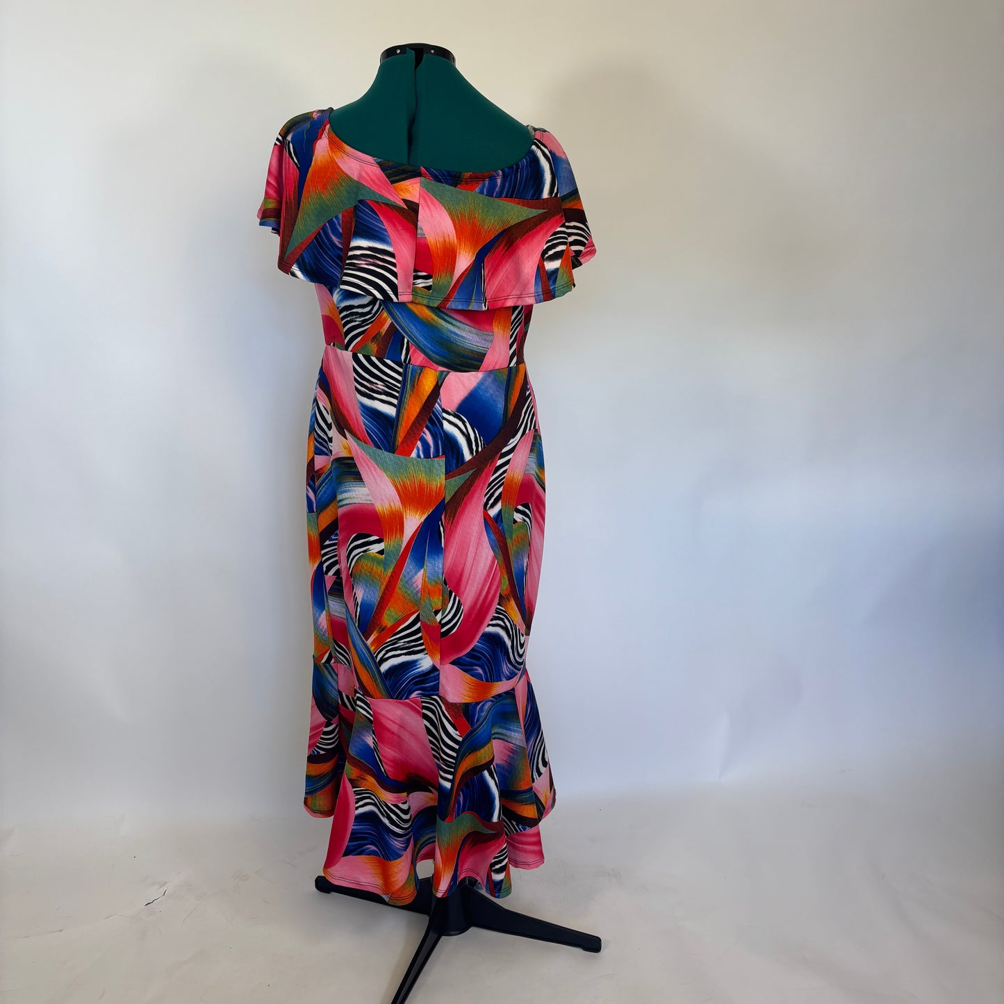 Rainbow and Black and White Abstract Pattern Off the Shoulder Dress