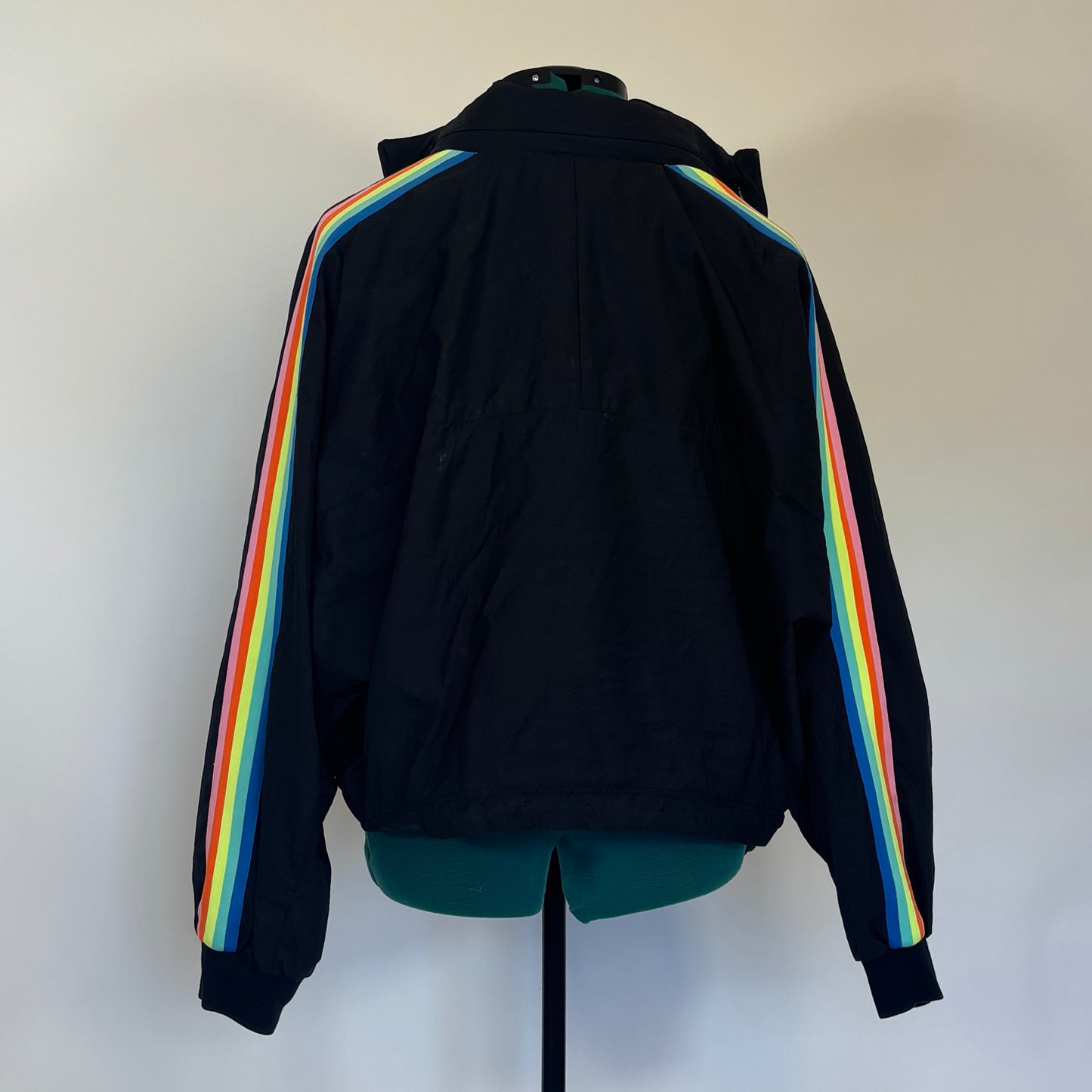Fabletics Cropped Black Windbreaker with Neon Rainbow Stripe