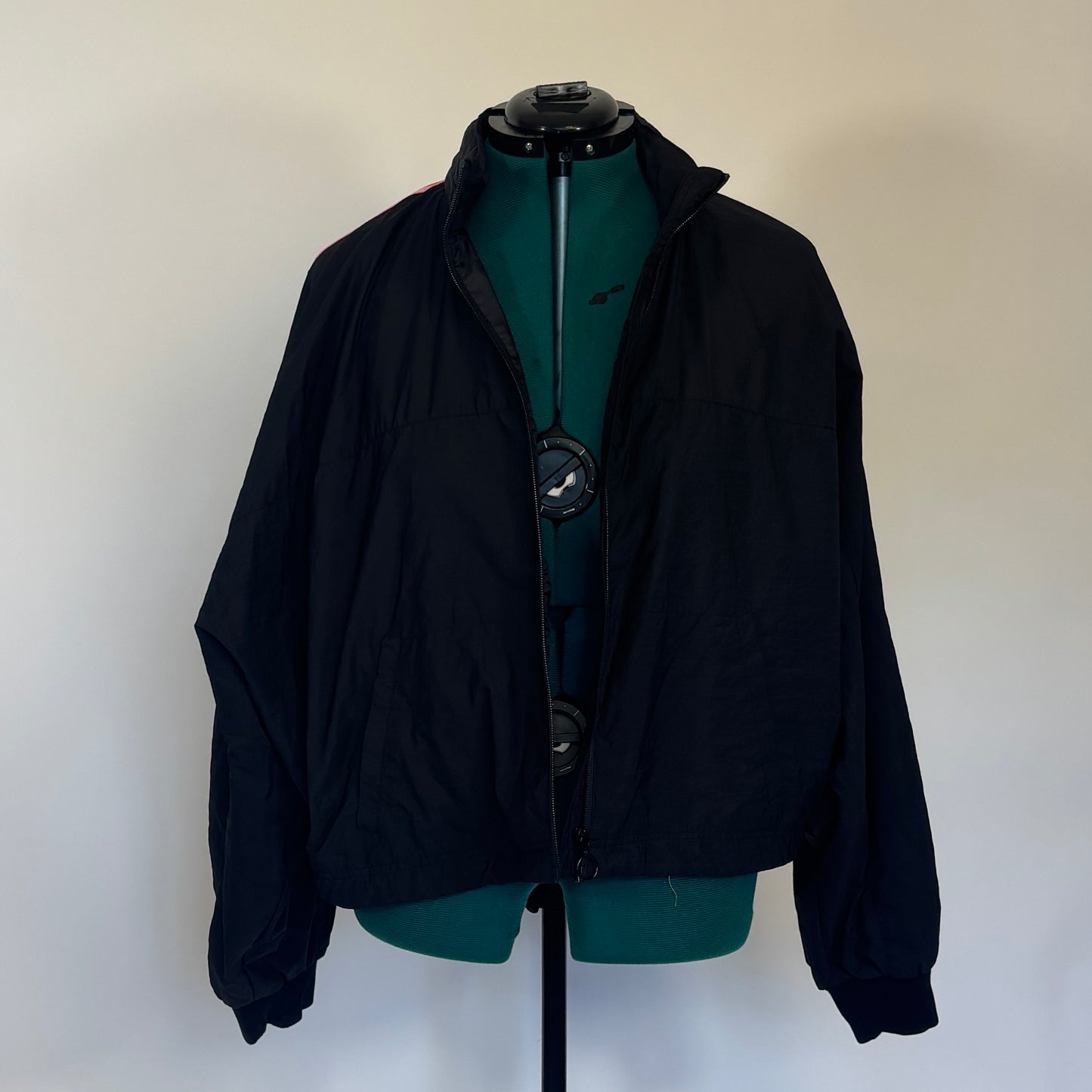 Fabletics Cropped Black Windbreaker with Neon Rainbow Stripe