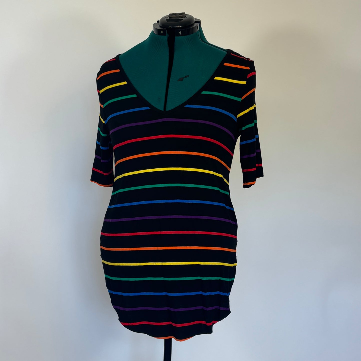 Torrid Black and Rainbow Stripe 1/2 Sleeve V Neck Tee