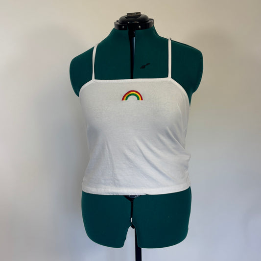 Boohoo White Cropped Tank with Embroidered Rainbow Design