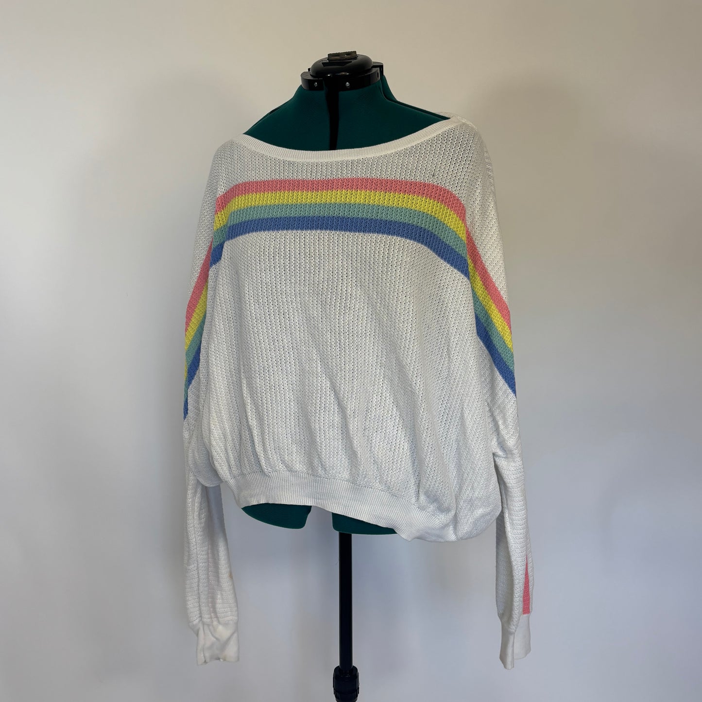 White Lightweight Knit Sweater with Rainbow Stripes