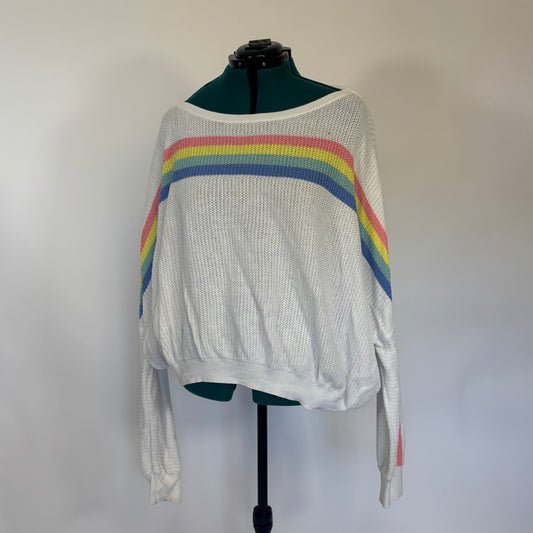 White Lightweight Knit Sweater with Rainbow Stripes