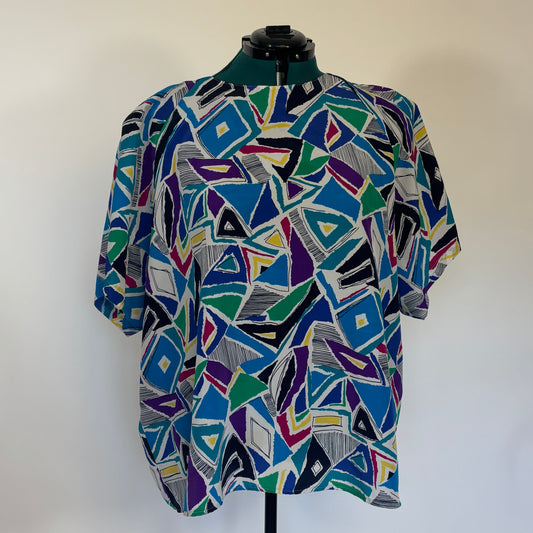 Vintage Abstract Print Multicolor Short Sleeve Blouse