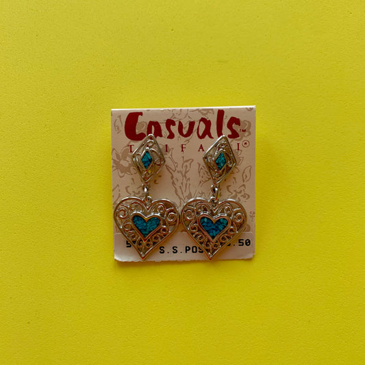 Vintage Deadstock Sterling Silver and Turquoise Heart Earrings