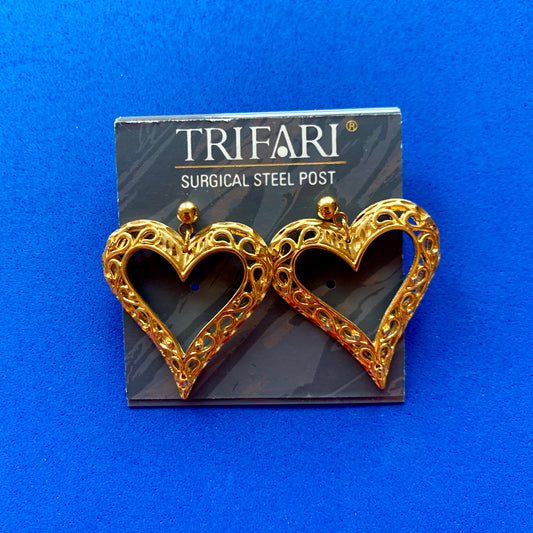 Vintage Deadstock Trifari Gold Heart Filagree Earrings