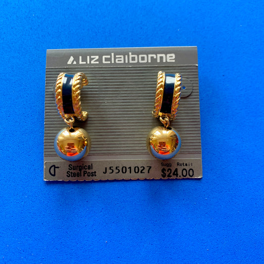 Vintage Deadstock Liz Claiborne Navy and Gold Cuff Hoop And Ball Earrings