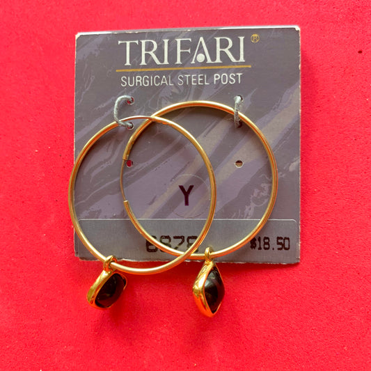 Vintage Deadstock Trifari Gold and Black Hoop Charm Earrings