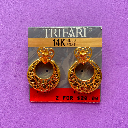 Vintage Deadstock Trifari Gold Heart Hoop Earrings