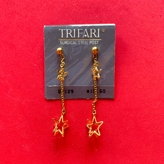 Vintage Deadstock Trifari Gold Star Dangle Earrings