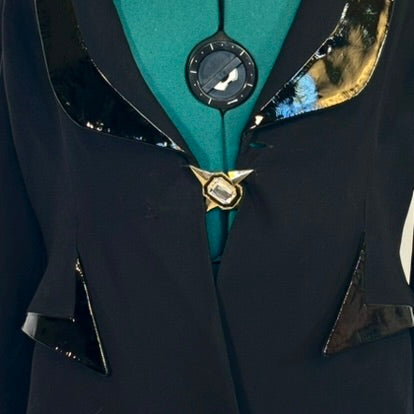 Vintage Black Blazer with Patent Leather Details and a Rhinestone Closure
