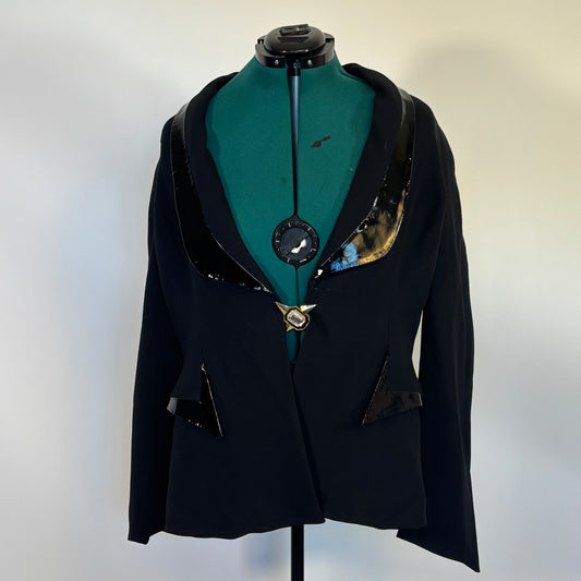 Vintage Black Blazer with Patent Leather Details and a Rhinestone Closure